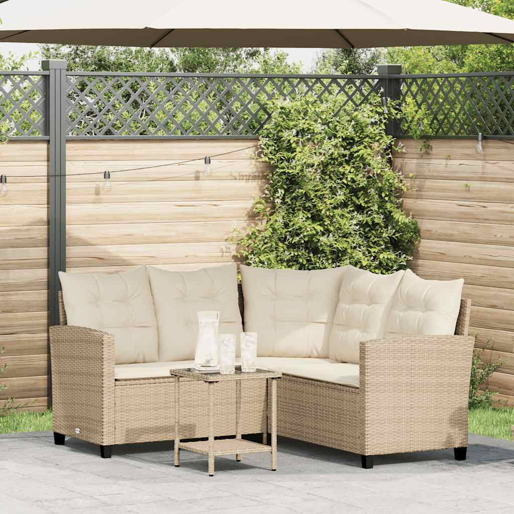 Garden Sofa with Table&Cushions L-shaped Beige Poly Rattan