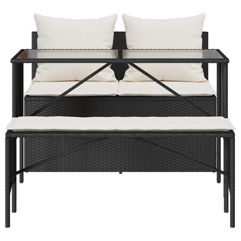 3 Piece Garden Dining Set with Cushions Black Poly Rattan