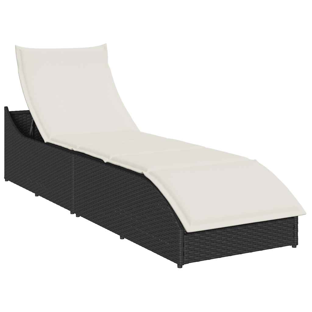 Folding Sun Lounger with Cushion and Storage Black Poly Rattan