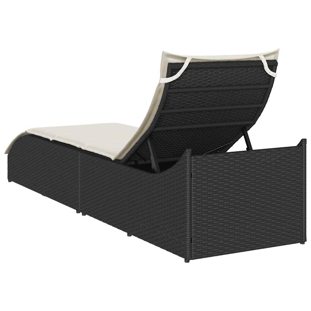 Folding Sun Lounger with Cushion and Storage Black Poly Rattan