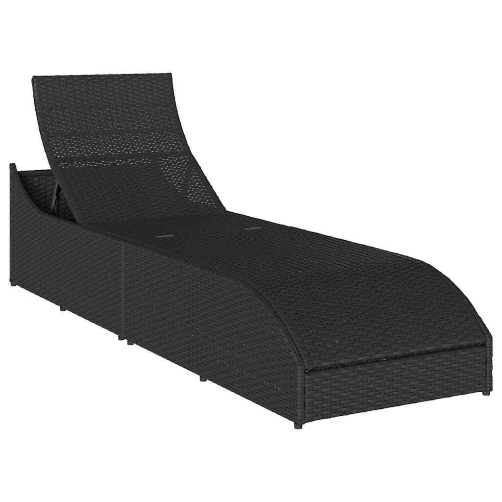 Folding Sun Lounger with Cushion and Storage Black Poly Rattan