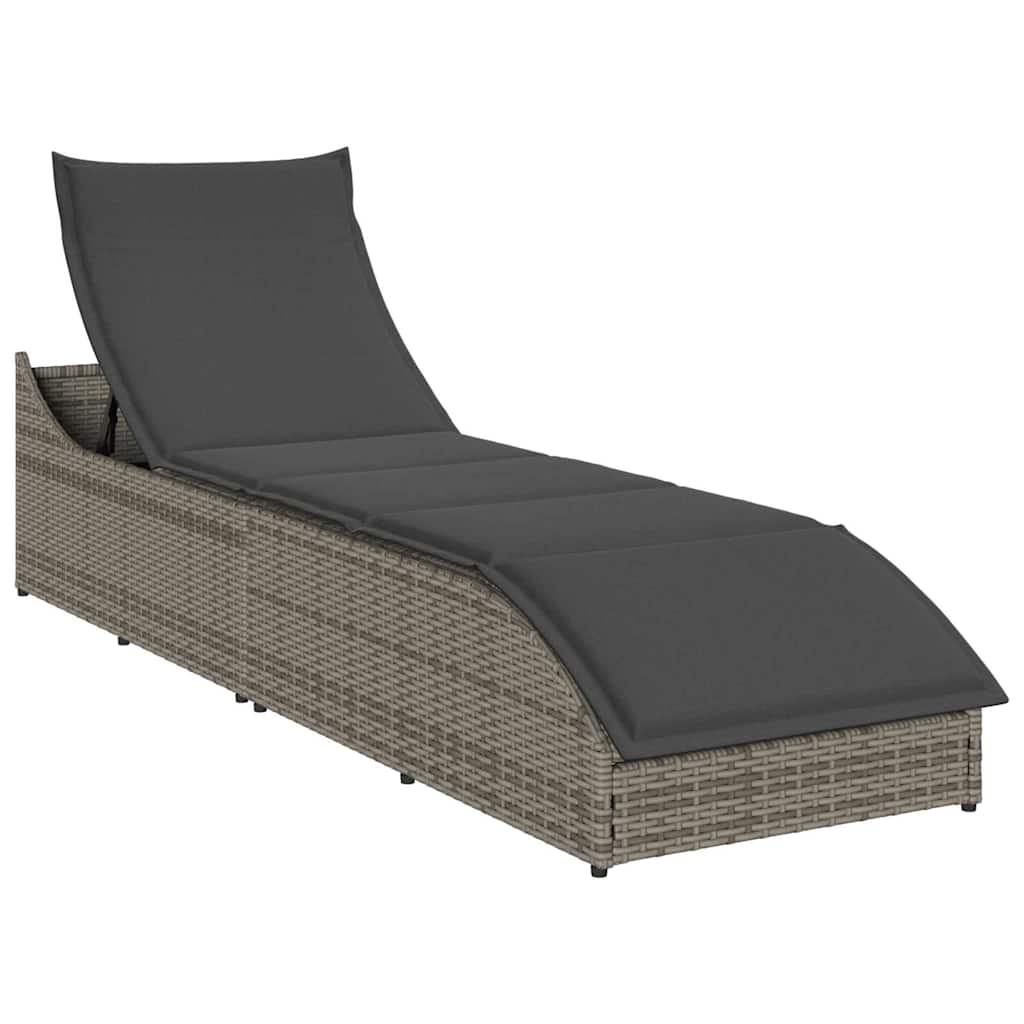 Folding Sun Lounger with Cushion and Storage Grey Poly Rattan