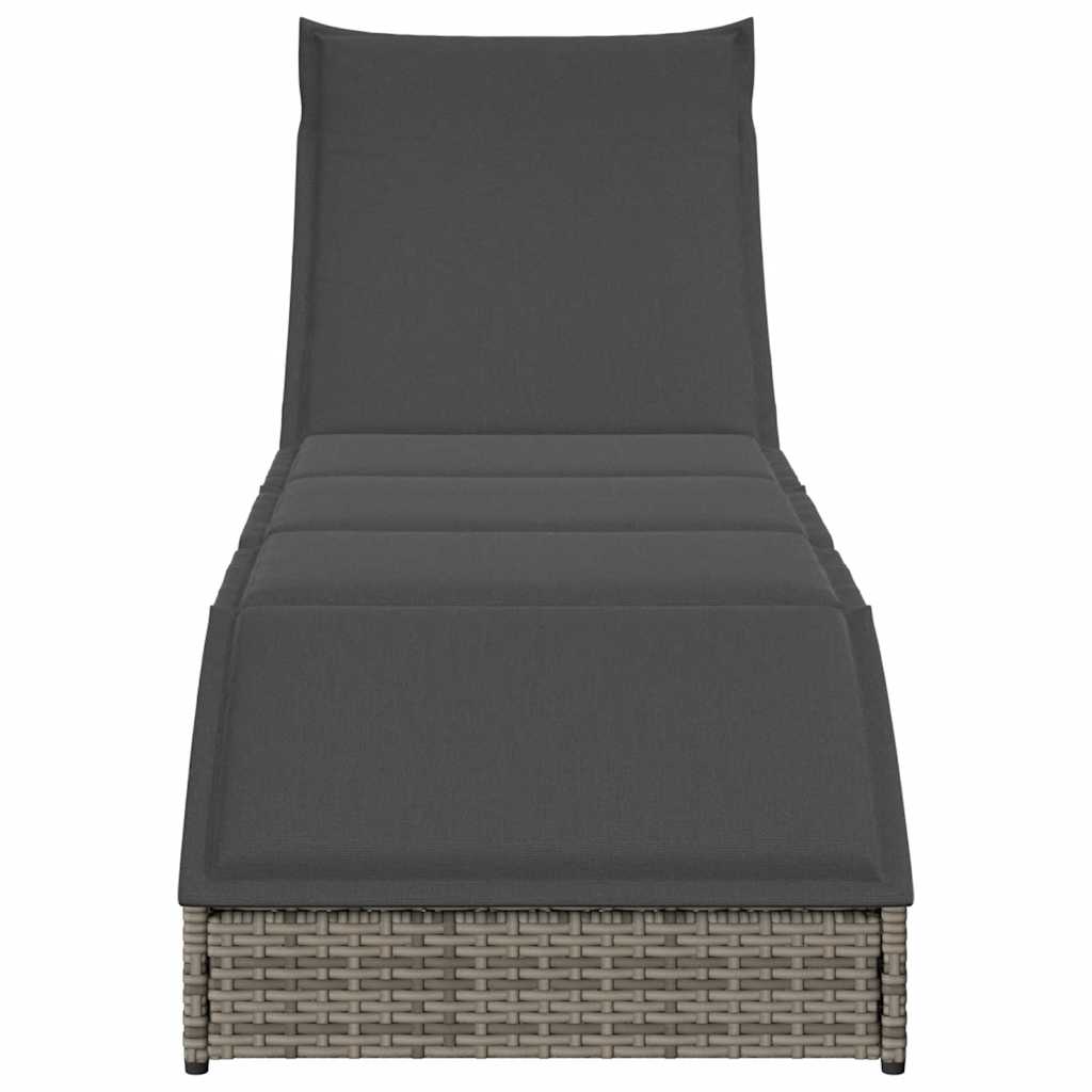 Folding Sun Lounger with Cushion and Storage Grey Poly Rattan