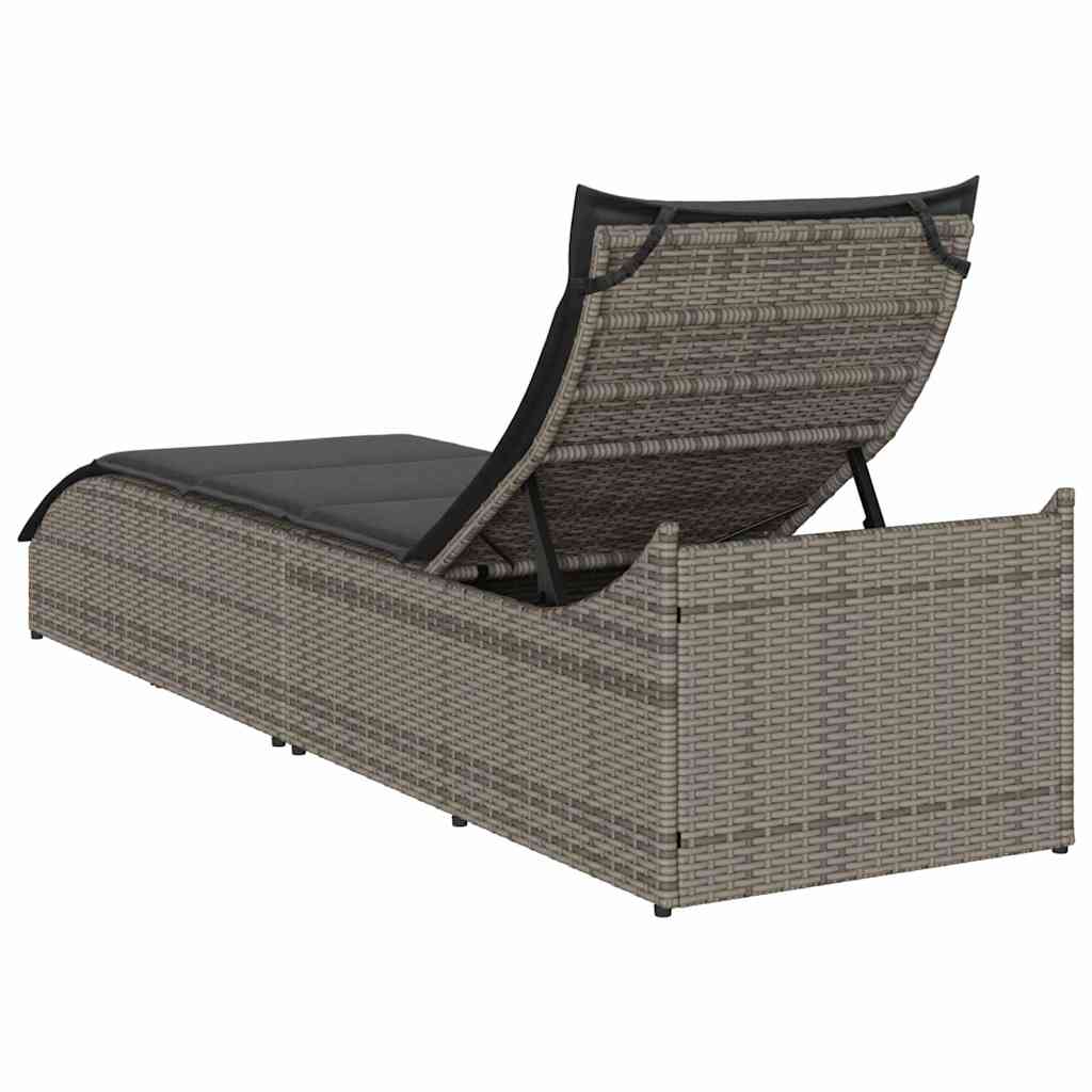 Folding Sun Lounger with Cushion and Storage Grey Poly Rattan