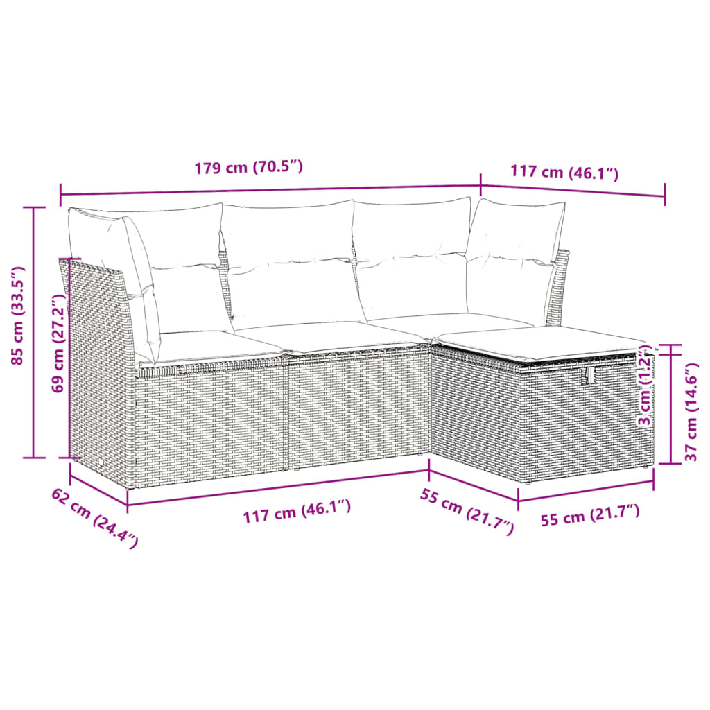 4 Piece Garden Sofa Set with Cushions Grey Poly Rattan