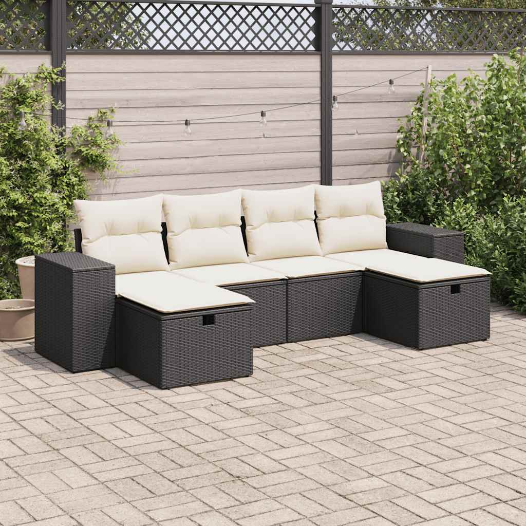 6 Piece Garden Sofa Set with Cushions Black Poly Rattan