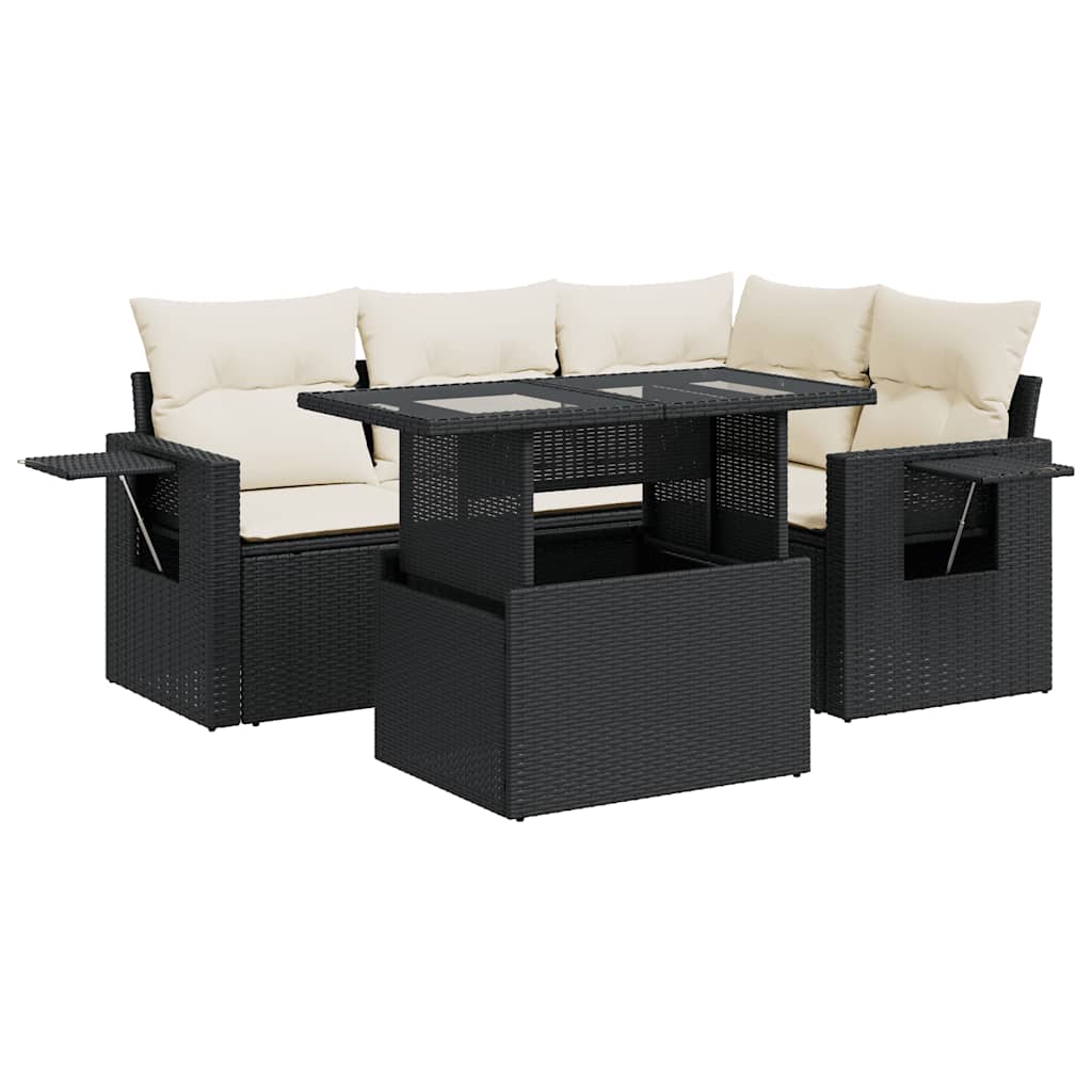 5 Piece Garden Sofa Set with Cushions Black Poly Rattan