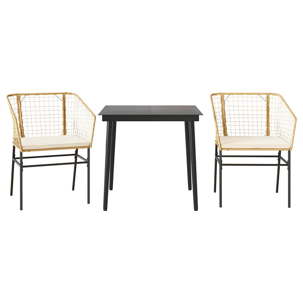 3 Piece Garden Dining Set with Cushions Brown Poly Rattan Glass