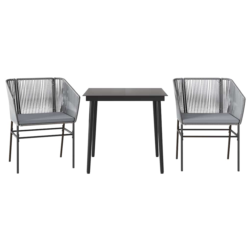3 Piece Garden Dining Set with Cushions Grey Poly Rattan Glass