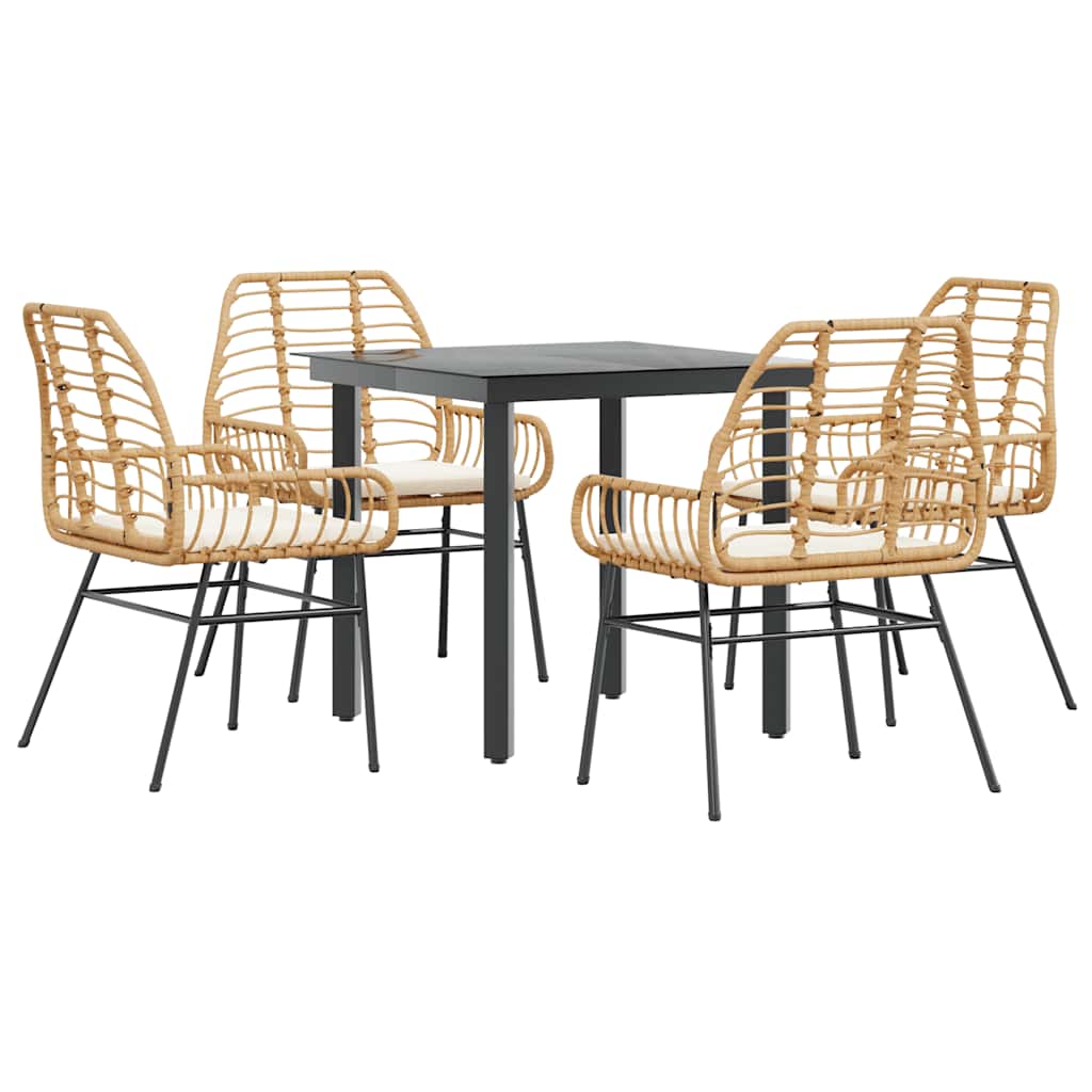 5 Piece Garden Dining Set with Cushions Brown Poly Rattan Glass