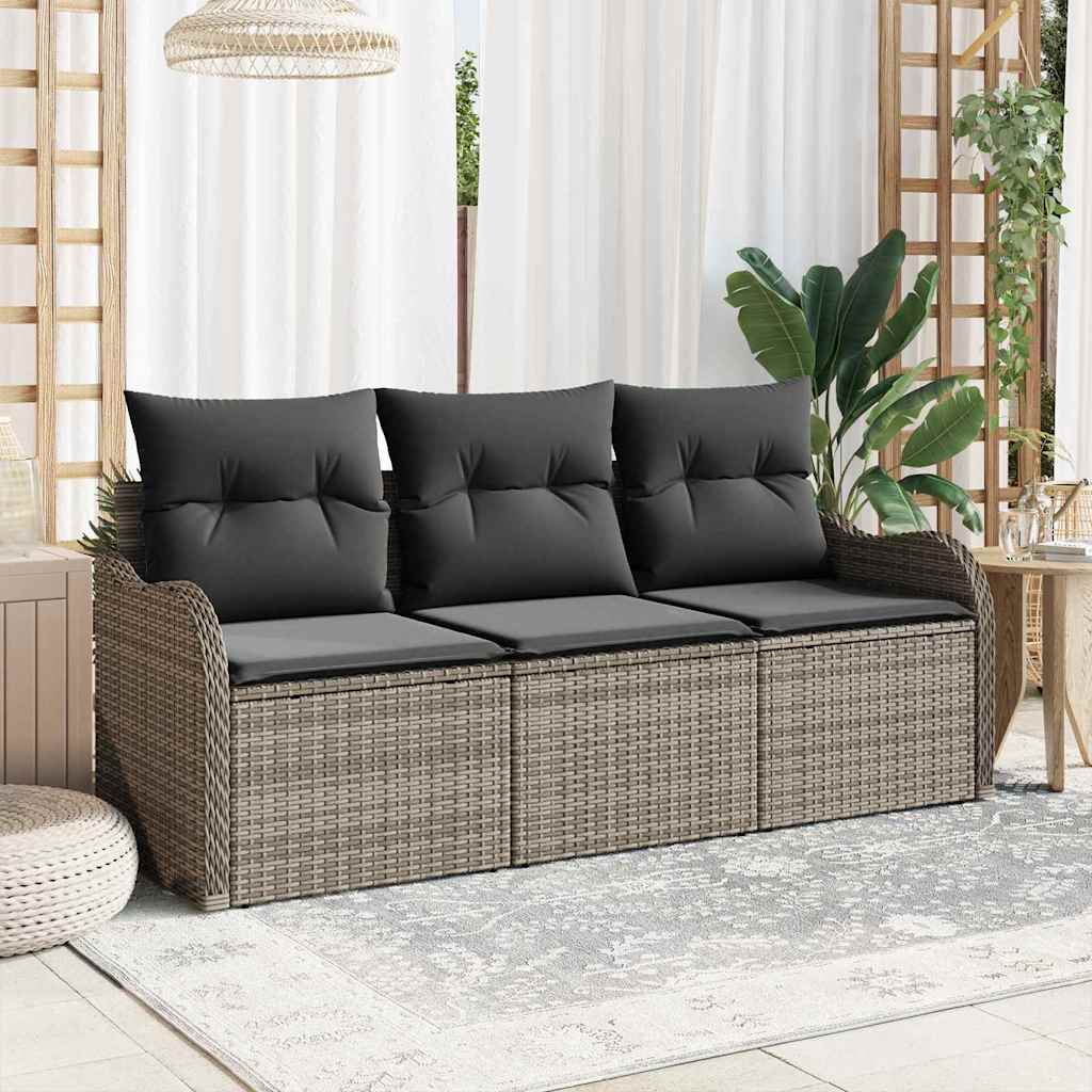 Garden Sofa Set with Cushion 3 pcs Grey Poly Rattan