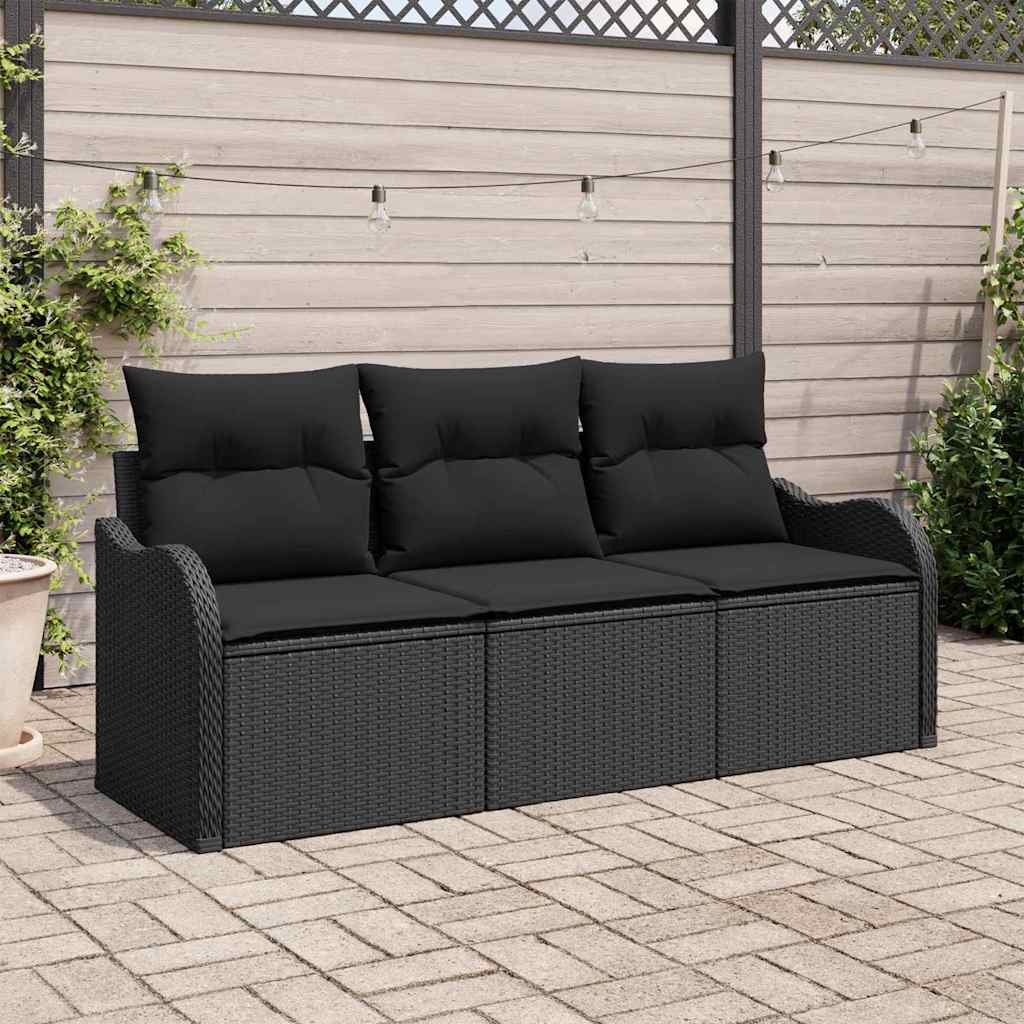 Garden Sofa Set with Cushion 3 pcs Black Poly Rattan