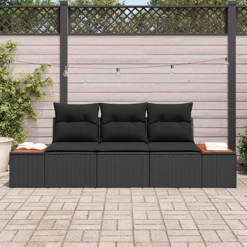 Garden Sofa Set with Cushion 3 pcs Black Poly Rattan