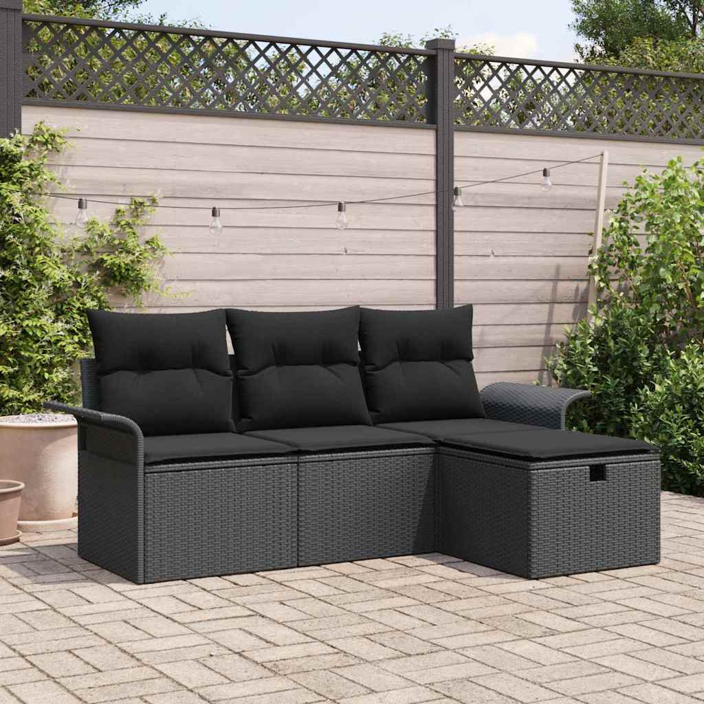 Garden Sofa Set with Cushion 4 pcs Black Poly Rattan