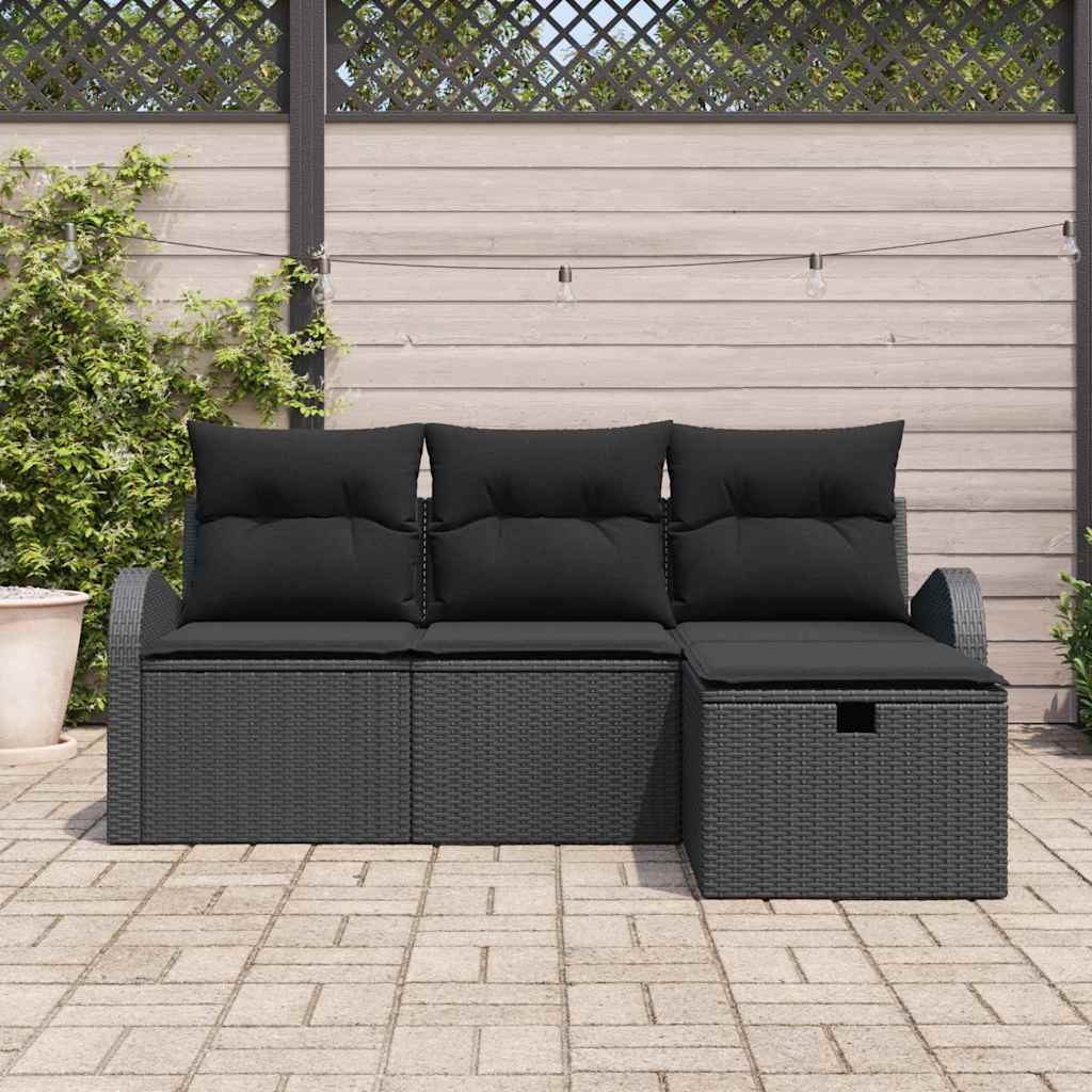 Garden Sofa Set with Cushion 4 pcs Black Poly Rattan