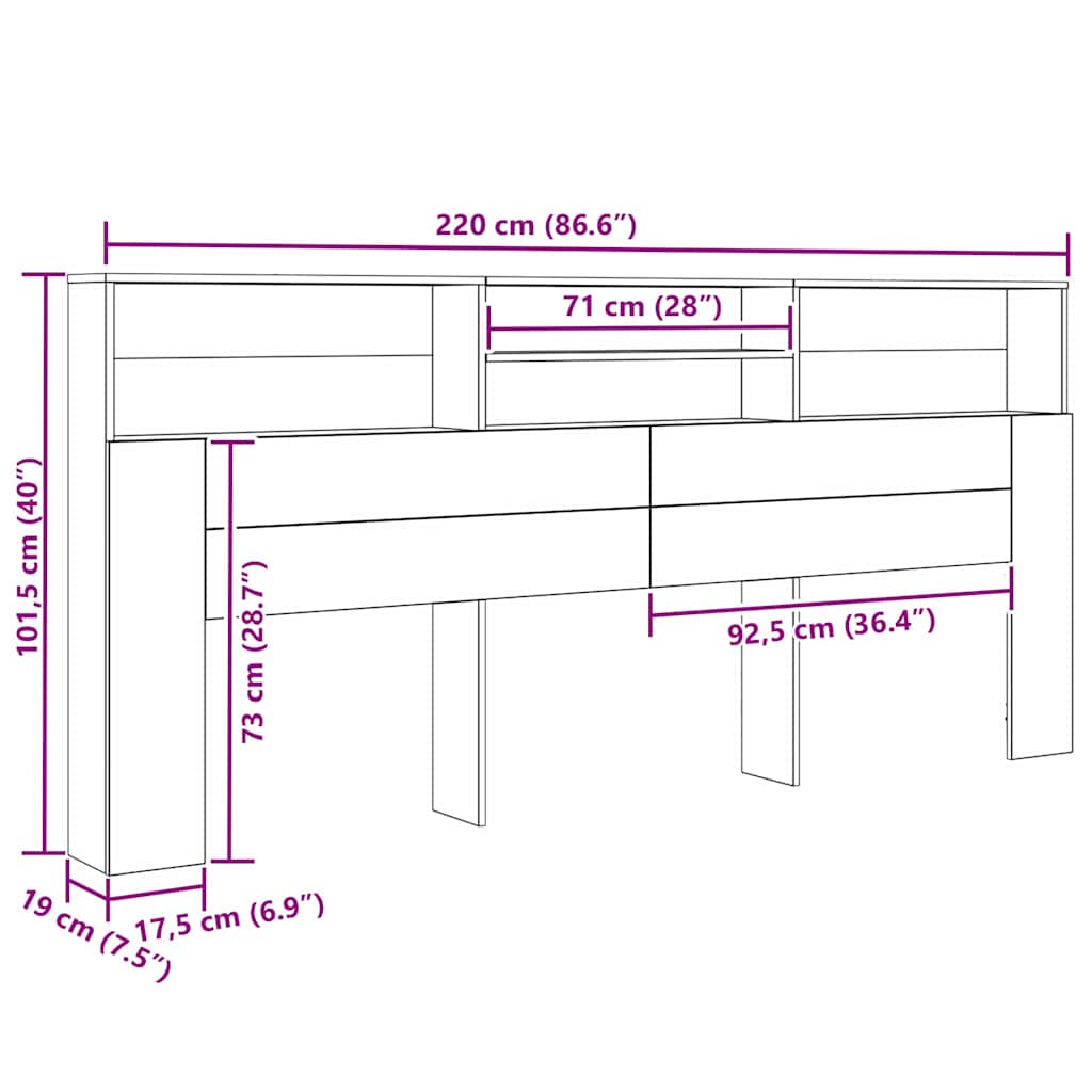 Headboard Cabinet Black Oak 220 x 19 x 101,5 cm Engineered Wood