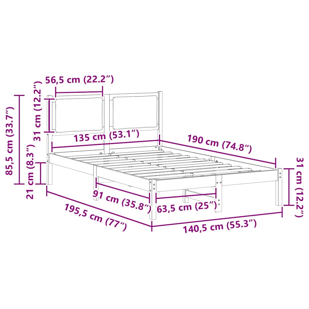 Bed Frame with Headboard Dark Grey 135 x 190 cm Solid Pine Wood