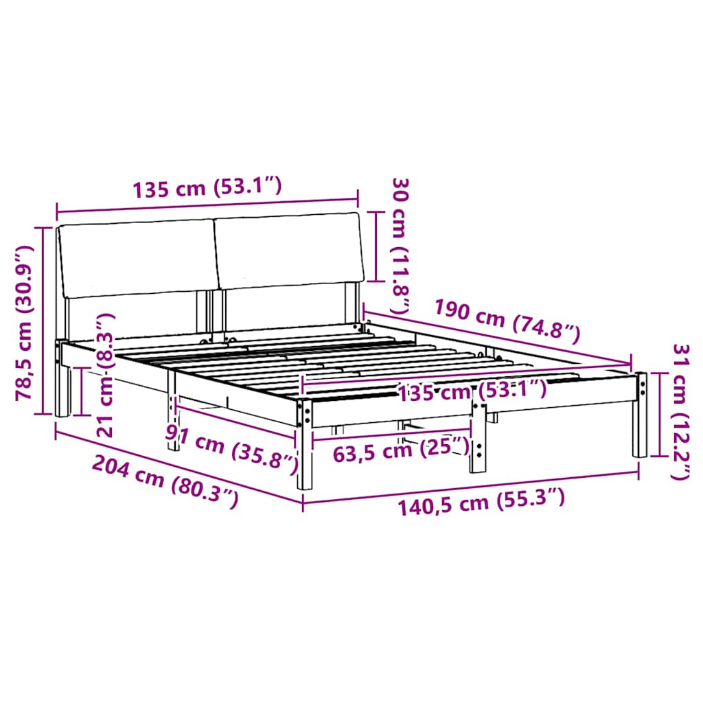 Bed frame Brown and dark grey 135 x 190 cm Solid pine wood