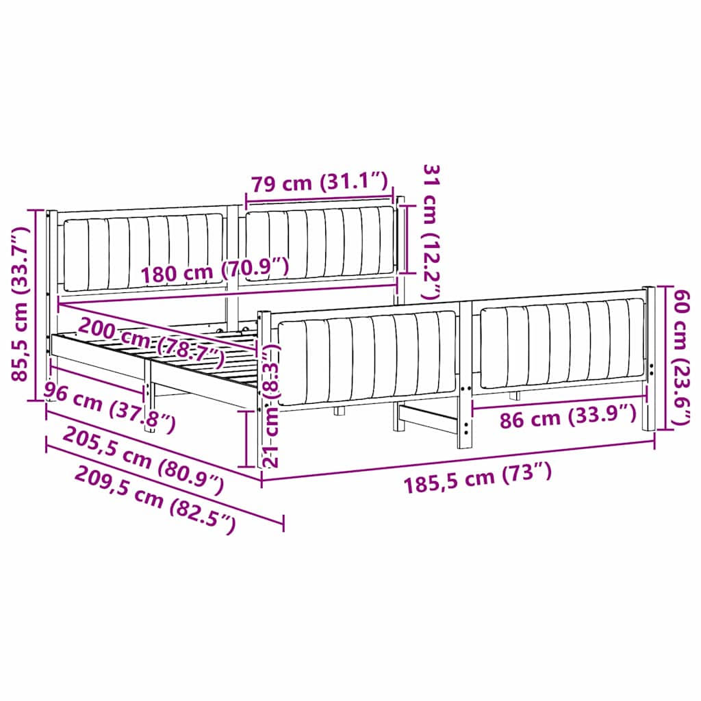 Bed frame Brown and dark grey 180 x 200 cm Solid pine wood