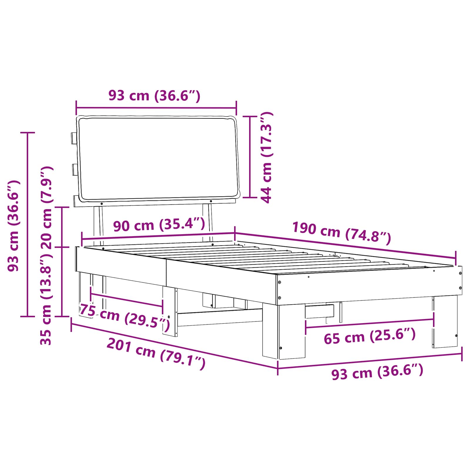 Bed Frame with Upholstered Headboard Dark Grey 90 x 190 cm
