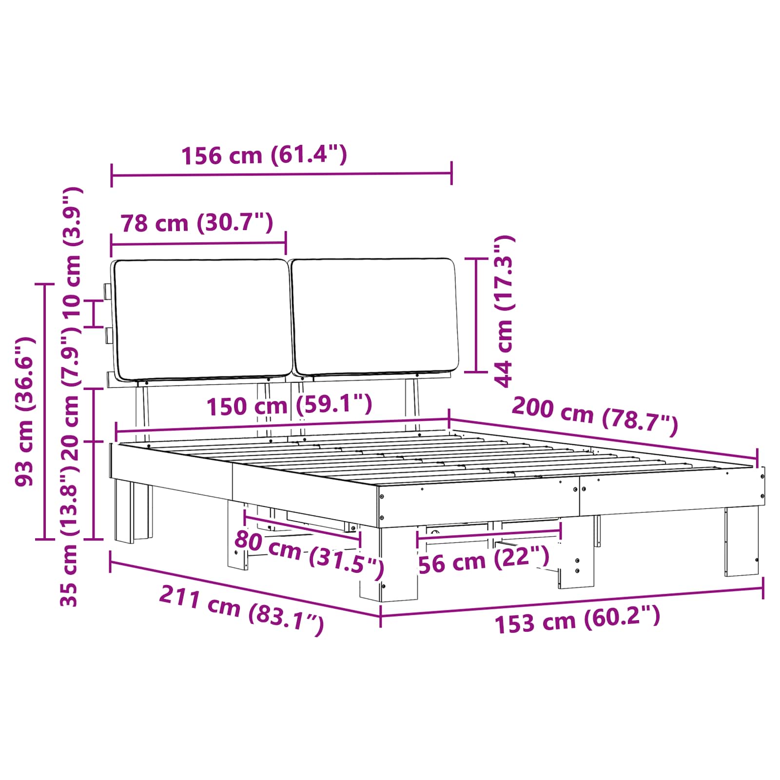 Bed Frame with Upholstered Headboard Dark Grey 150 x 200 cm