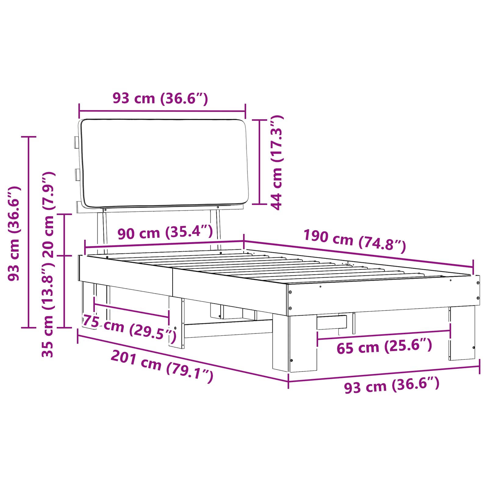 Bed Frame with Upholstered Headboard Dark Grey 90 x 190 cm