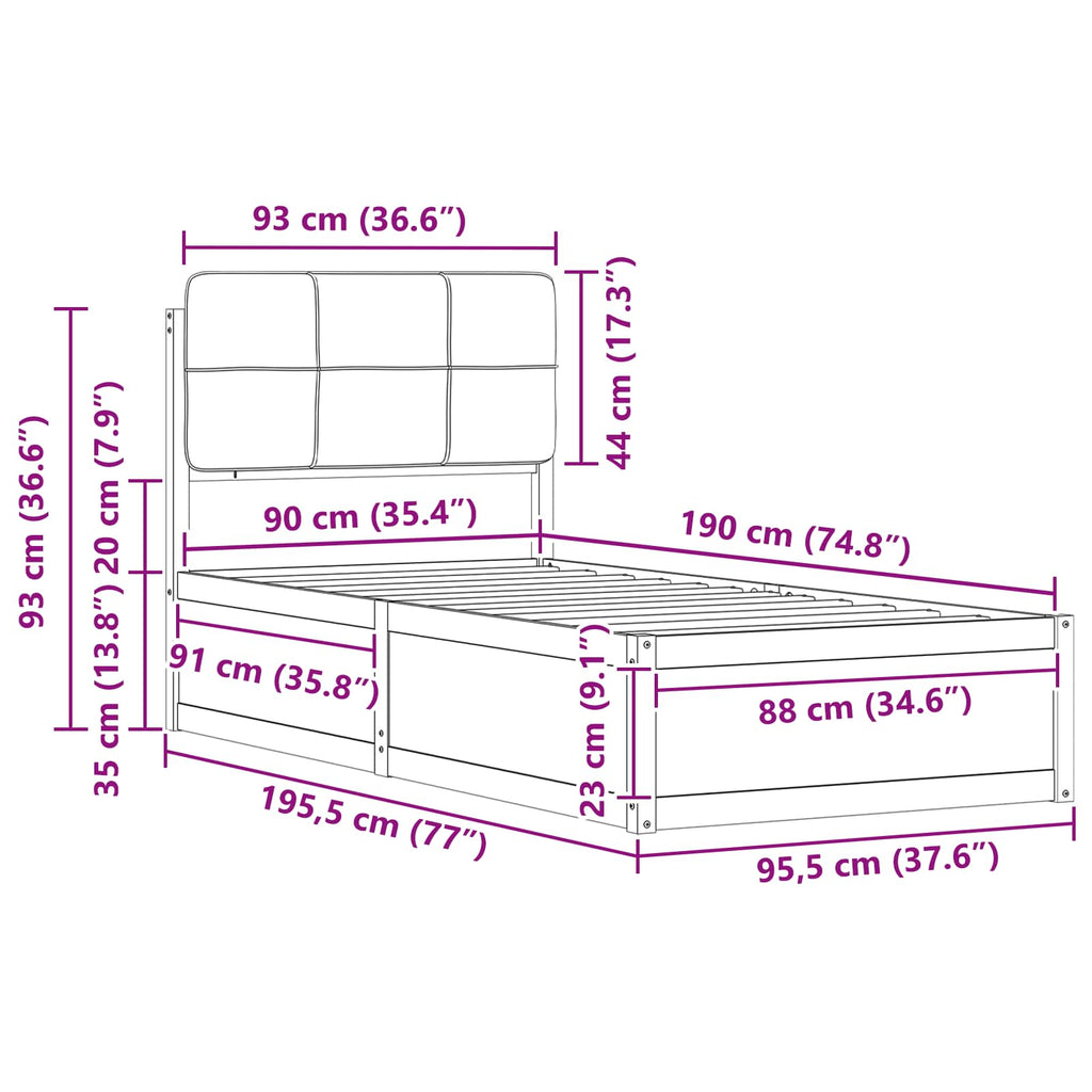 Bed Frame with Upholstered Headboard Dark Grey 90 x 190 cm