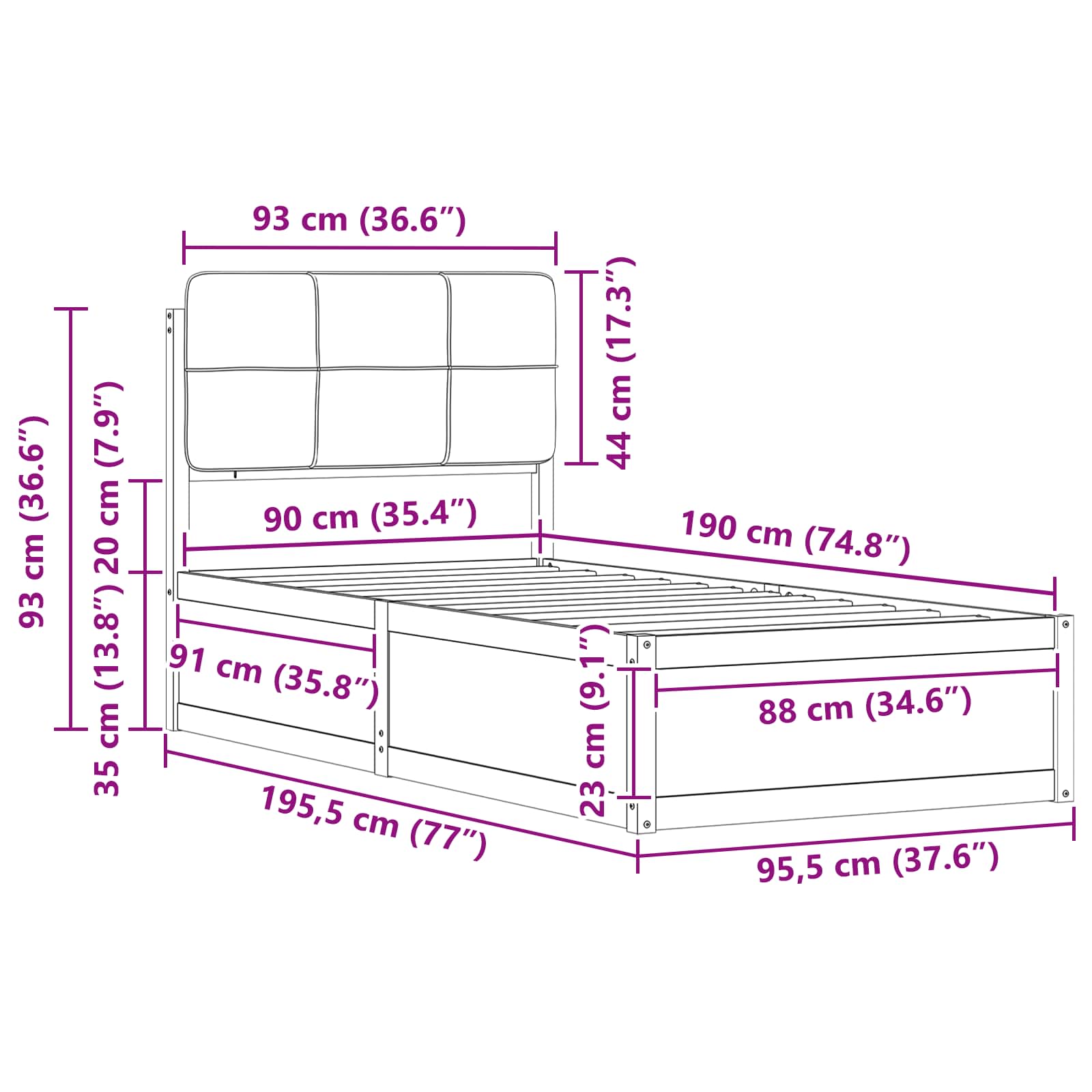 Bed Frame with Upholstered Headboard Dark Grey 90 x 190 cm