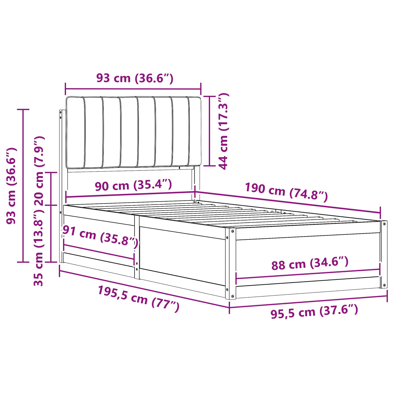 Bed Frame with Upholstered Headboard Dark Grey 90 x 190 cm