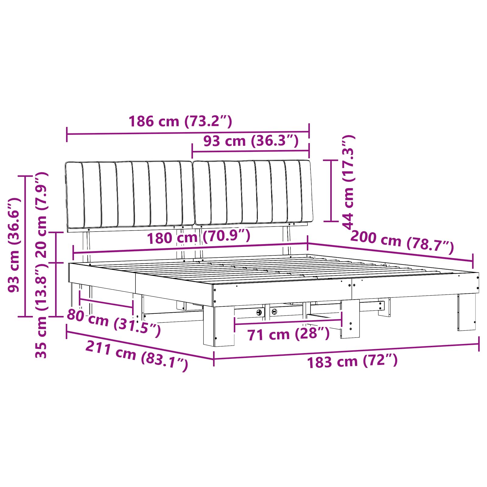 Bed Frame with Upholstered Headboard Dark Grey 180 x 200 cm