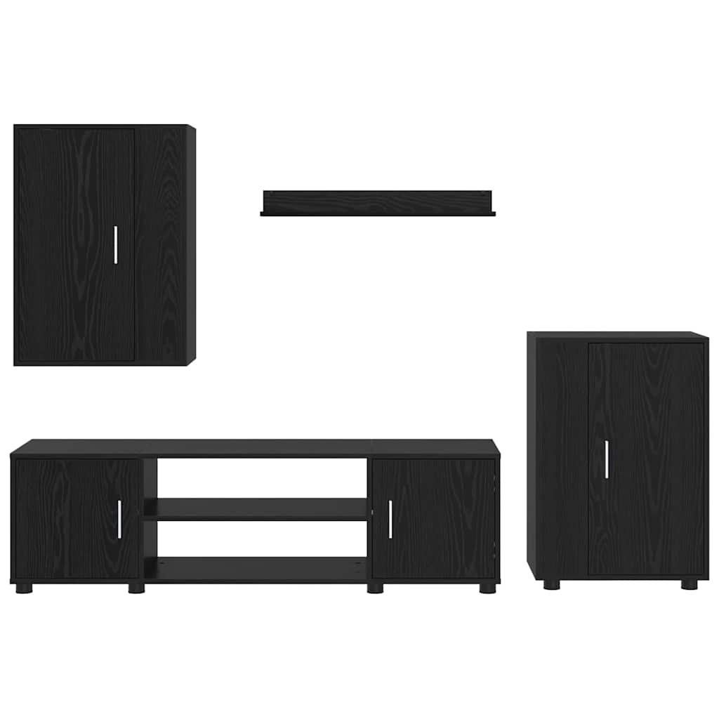 4 Piece TV Cabinet Set Wall-mounted Black oak Engineered wood