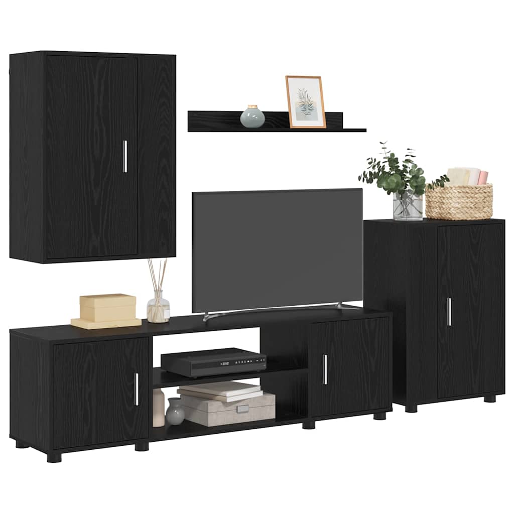 4 Piece TV Cabinet Set Wall-mounted Black oak Engineered wood