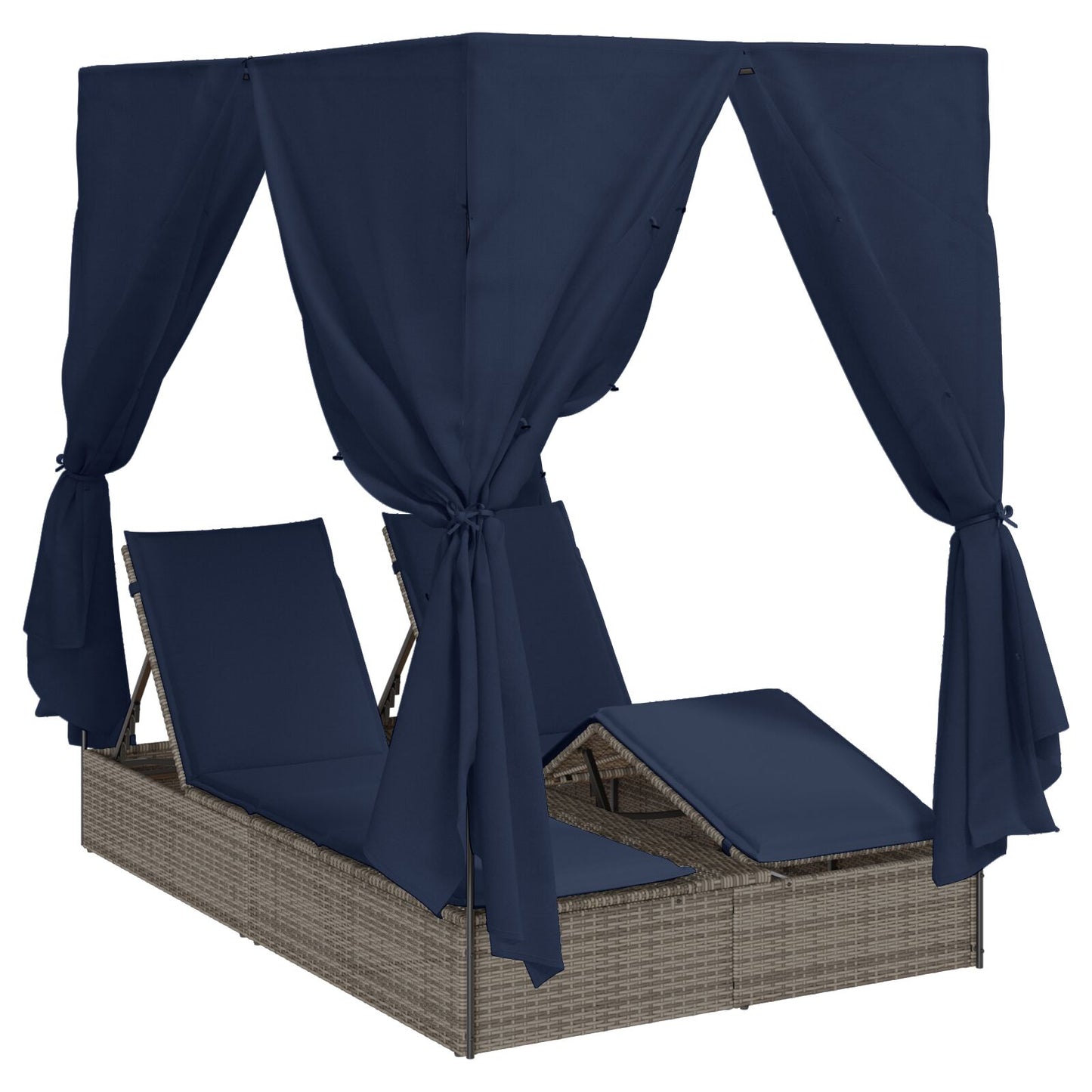 Double Sun Lounger Set of 2 Grey and Navy Blue Rattan Large