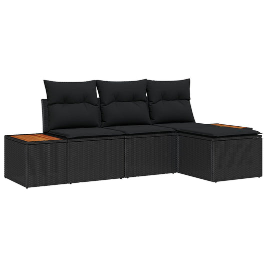 4 Piece Garden Sofa Set with Cushions Black Poly Rattan Acacia