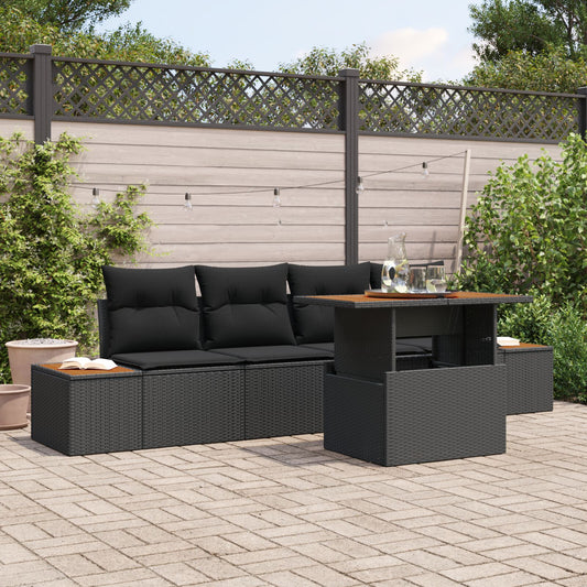 5 Piece Garden Dining Set with Cushions Black Poly Rattan Acacia