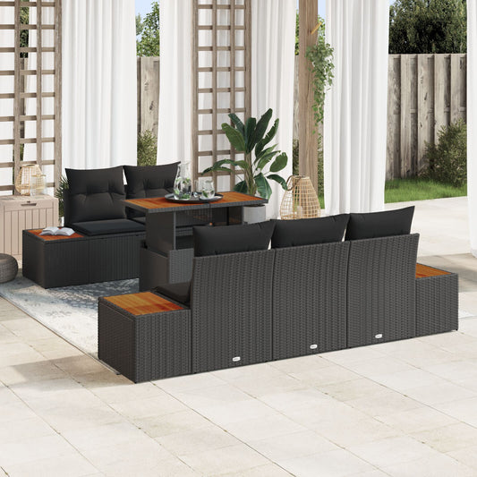 6 Piece Garden Dining Set with Cushions Black Poly Rattan Acacia