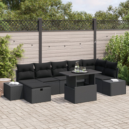 8 Piece Garden Sofa Set with Cushions Black Poly Rattan