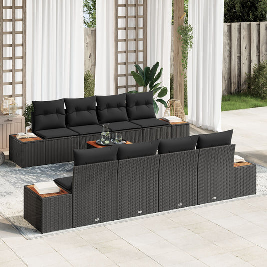 9 Piece Garden Sofa Set with Cushions Black Poly Rattan Acacia