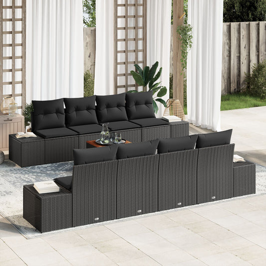 9 Piece Garden Sofa Set with Cushions Black Poly Rattan Acacia