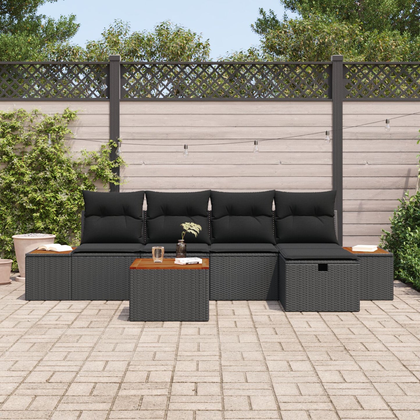 6 Piece Garden Sofa Set with Cushions Black Poly Rattan