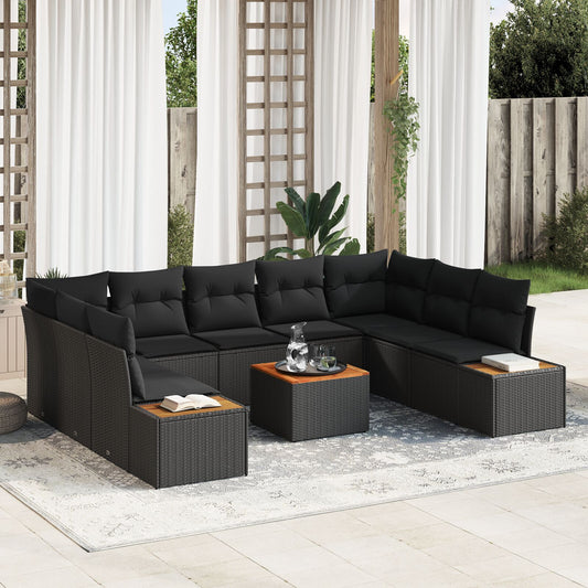 10 Piece Garden Sofa Set with Cushions Black Poly Rattan Acacia