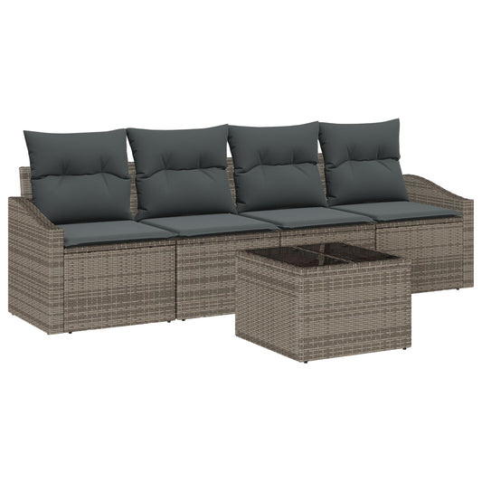 5 Piece Garden Dining Set with Cushions Grey Poly Rattan