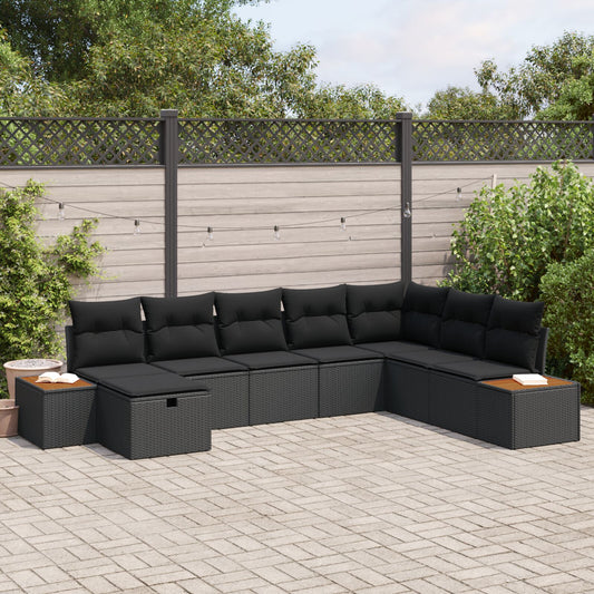 8 Piece Garden Sofa Set with Cushions Black Poly Rattan