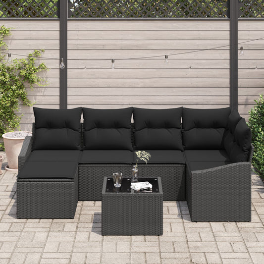 Garden Dining Set Set of 7 Black Rattan, Polyester