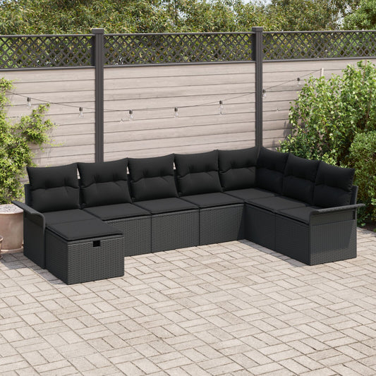 8 Piece Garden Sofa Set with Cushions Black Poly Rattan