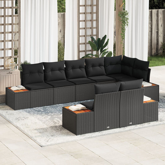 8 Piece Garden Sofa Set with Cushions Black Poly Rattan Acacia