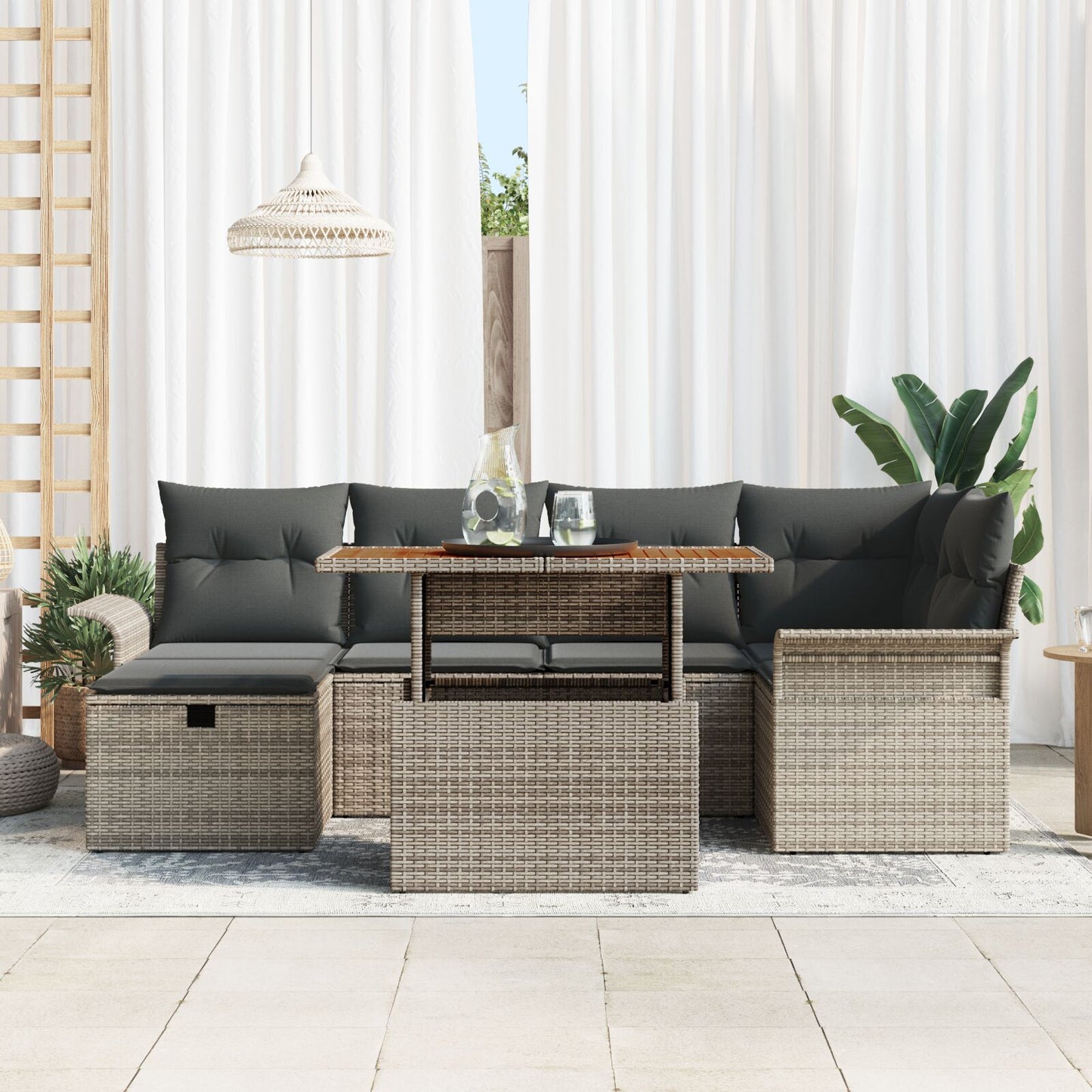 7 Piece Garden Sofa Set with Cushions Grey Poly Rattan