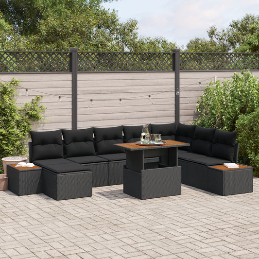 9 Piece Garden Dining Set with Cushions Black Poly Rattan Acacia
