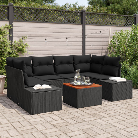 7 Piece Garden Sofa Set with Cushions Black Poly Rattan Acacia