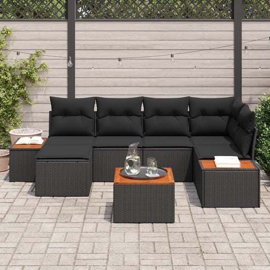 7 Piece Garden Sofa Set with Cushions Black Poly Rattan Acacia